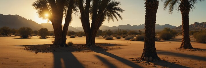 summer time in sunset desert oasis panoramic wide angle from Generative AI