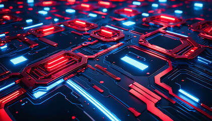 Technik Hintergrund Vorlage für technische Daten Analyse Überwachung Computer Chip Design Makro Prozessor Hardware Mikrochip Leiter Bauteile Platine hoch modern in blau rot leuchtend fließende Ströme