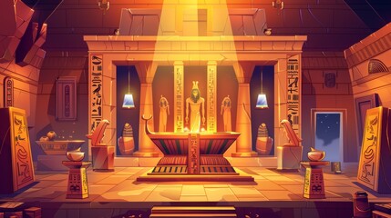 Egyptian pyramid interior cartoon illustration with golden sarcophagus, hieroglyphics, scarabs, ritual vessels, and other religious symbols. - obrazy, fototapety, plakaty