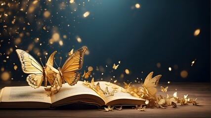 Wide banner design for headers with copy space section featuring butterflies and golden sparkles,...