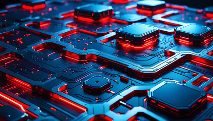 Technik Hintergrund Vorlage für technische Daten Analyse Überwachung Computer Chip Design Makro Prozessor Hardware Mikrochip Leiter Bauteile Platine hoch modern in blau rot leuchtend fließende Ströme - obrazy, fototapety, plakaty
