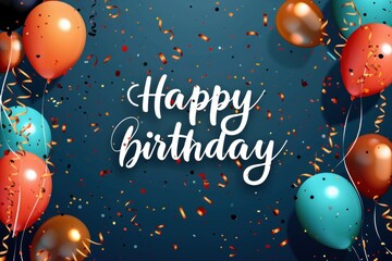 Happy birthday greeting background, postcard, invitation with colorful balloons, confetti and Happy birthday inscription.