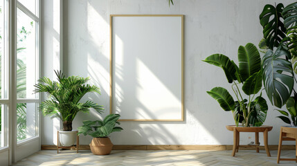 A serene and inviting space for artwork with a blank frame mockup on a clean white wall and lush indoor plants.