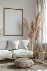 Mockup photo frame in minimal living room, simplicity and elegance highlighted by natural light and subtle decor.