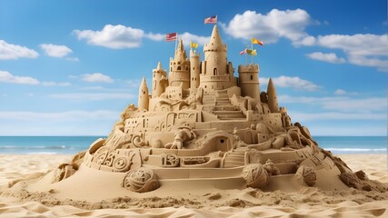 sandcastle sculpture constructed as a broad banner with copy space area during the summer vacation at the beach - obrazy, fototapety, plakaty