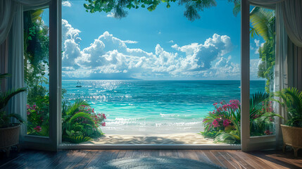 A beautiful beach scene with a blue ocean and lush green trees
