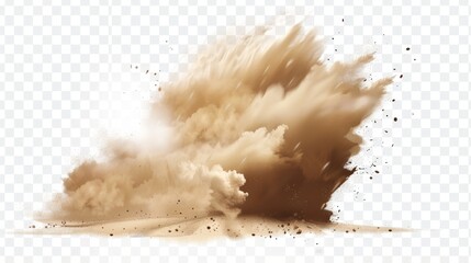 Sandstorm in the desert, brown dusty clouds that fly with gusts of wind, a big explosion textured with small particles on a transparent background. - obrazy, fototapety, plakaty