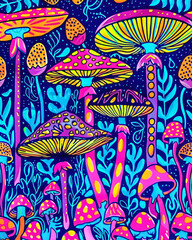 Psychedelic Neon Mushroom Pattern Background Design, Abstract Colorful Mushroom Backdrop