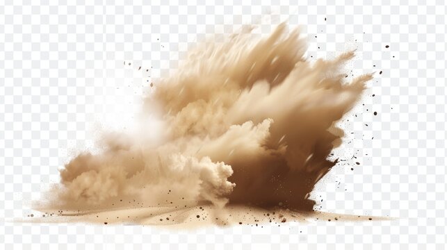 Sandstorm in the desert, brown dusty clouds that fly with gusts of wind, a big explosion textured with small particles on a transparent background.