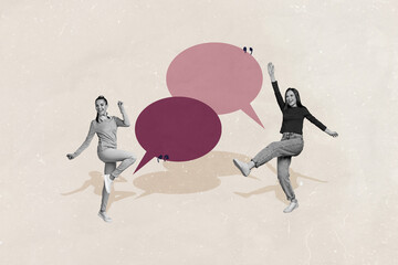Composite photo collage of two happy girls dance laugh cloud communication talk discussion speech...