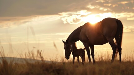 Obraz na płótnie Canvas Majestic Horse and Foal Silhouette at Sunset in Countryside.