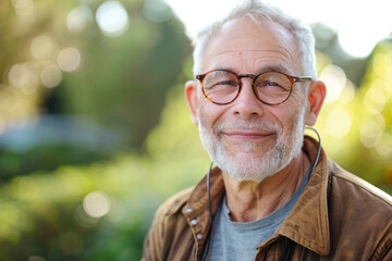 Close Up Portrait of a Cheerful Senior Man with Gray Hair Wearing Glasses Standing Outdoors. - obrazy, fototapety, plakaty