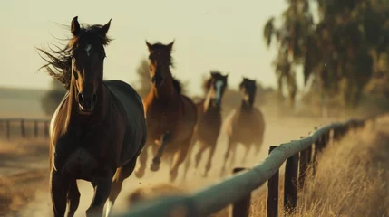 Fotobehang Majestic Herd of Horses Running at Sunset on a Rural Farm. © Oksana Smyshliaeva