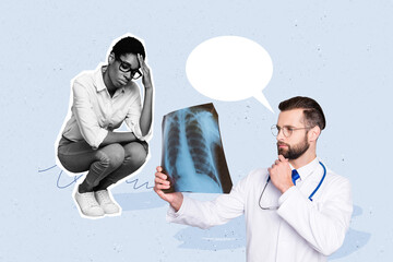 Composite photo collage of doctor hold xray examine lungs illness prevention covid upset american...