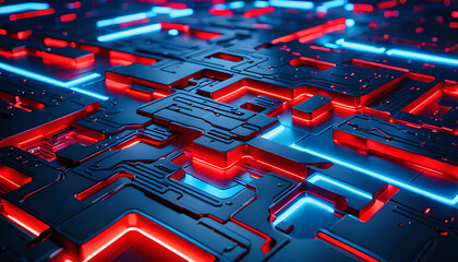 Technik Hintergrund Vorlage für technische Daten Analyse Überwachung Computer Chip Design Makro Prozessor Hardware Mikrochip Leiter Bauteile Platine hoch modern in blau rot leuchtend fließende Ströme - obrazy, fototapety, plakaty