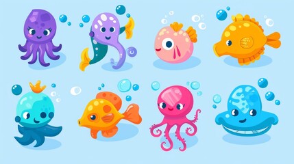 Animals of the sea, fish, octopus, jellyfish. Seahorse, puffer fish. Tropical aquatic fauna. Vectors.