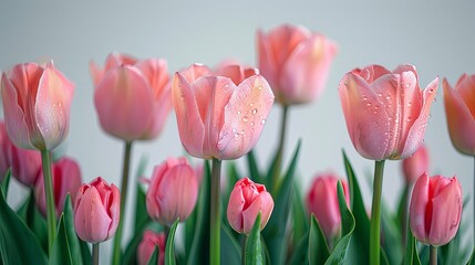 Morning Dew Pink Tulips Garden Awakening