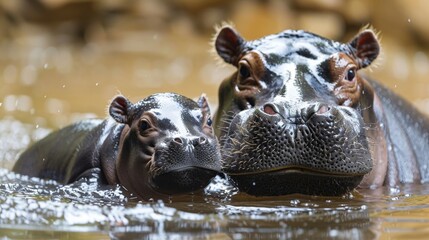 Two hippos swim water
