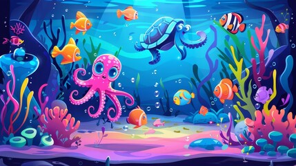 Fototapeta na wymiar Sea life under the sea. Modern illustration of different fish and animals. Ocean landscape with cute octopus, turtle, and other fish.