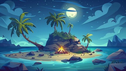 Modern cartoon sea landscape with palm trees, rocks, and sand beach with bonfire showing a lost island in the ocean with a single castaway asking for help. - obrazy, fototapety, plakaty