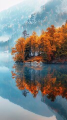 Design a vibrant autumn landscape poster from Europe, featuring golden leaves and serene lakes, enriched with elegant typography