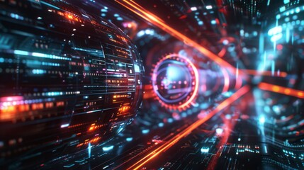 Fototapeta premium An abstract visualization of secure data transmission, with isometric elements arranged in a mesmerizing pattern against a black background, punctuated by bright color blocks and scanner photography d