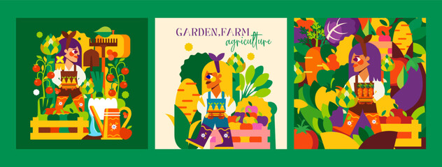 Garden, farm and agriculture. 3 bright illustrations of gardeners, farmers, nature and a bountiful harvest. Great for advertising, poster, background or card.