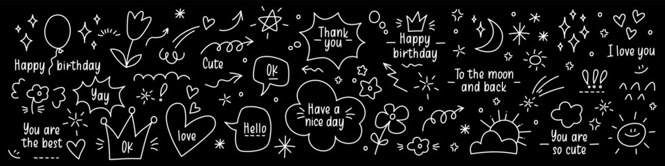Cute vector glitter pen line doodles with hearts, sparks, arrows, speech bubbles in anime stile. Expression of love, birthday congratulations. Cute manga doodle stickers on black background