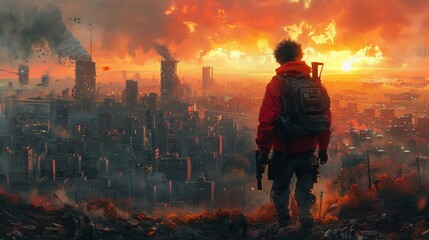 A young man with a gun looks at the crowd of people in an apocalyptic city, digital illustration painting style - obrazy, fototapety, plakaty