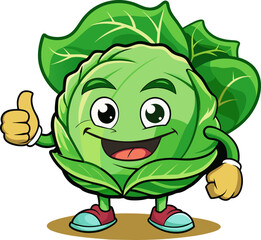 vector cartoon, character, and mascot of a cabbage with thumbs up hand.