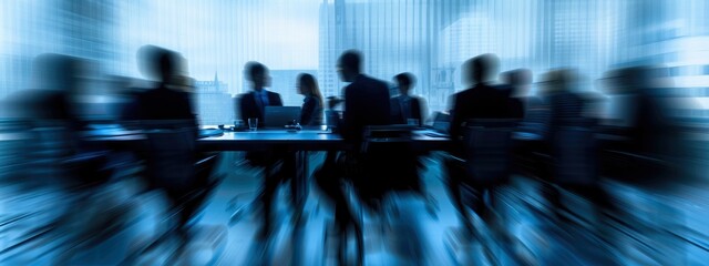 Blurred background of a business meeting or conference room with abstract blurred silhouettes of people and documents on a table, with a motion effect, depicting a copy space concept. - obrazy, fototapety, plakaty