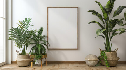 Contemporary interior with a blank frame mockup, adorned with green indoor plants for a touch of nature and freshness.