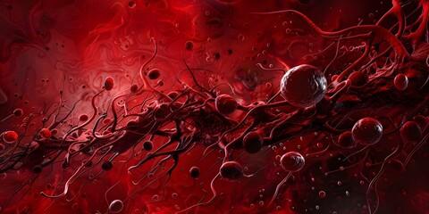 A captivating three-dimensional abstract portrayal of the human circulatory system, showcasing flowing blood cells and iron molecules against a dark red backdrop.