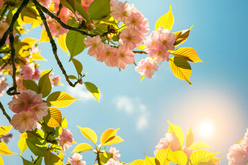Obraz premium Spring cherry blossoms and sunlight clear blue sky. Renewal and nature's beauty.