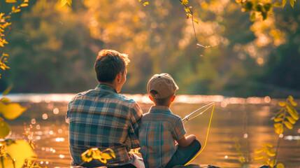 Father and son sit on the edge of the shore, holding fishing rods in their hands and looking at the water, enjoying fishing together on a quiet lake. Father's Day. Banner. Copy space