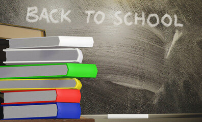 Back to school concept with text on blackboard, chalk and stack of books on a table in classroom. 3D rendering illustration.
