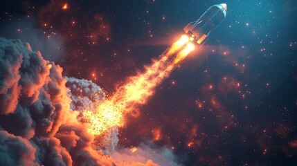 Physics: A 3D vector illustration of a rocket launching into space - obrazy, fototapety, plakaty