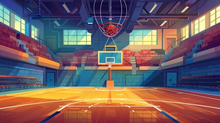 This modern cartoon illustration shows an empty school gym, a sports ground with wooden floor, fan seats for a game tournament, and a scoreboard. - obrazy, fototapety, plakaty