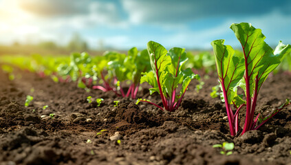 freshly sprouted beets grow in the dirt of the agricultural field, blue sky , blur background