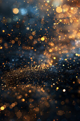 Captivating gold glitter and soft bokeh evoke luxury and celebration in a dark backdrop. Aesthetic and festive ambiance for special occasions.