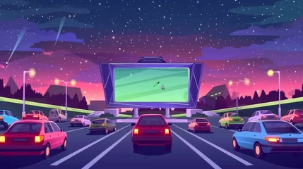 Gardinen Drive-in movie theater with cars parked in an open air parking lot at night. Large outdoor screen with nature scene glowing at night on a starry sky background. Cartoon modern illustration from a © Mark