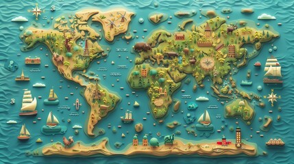 Travel and Tourism: A 3D vector illustration of a world map highlighting popular travel destinations