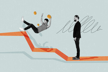 Creative collage photo standing young man businessman trader economy finance golden coins earnings falling down drawing background - obrazy, fototapety, plakaty
