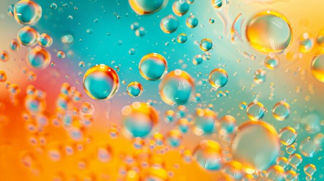 Bubbles of various hues float in water glass