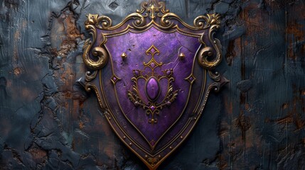 Three-dimensional digital illustration of a fantasy ancient coat of arms with purple blades gilded with silver and a purple shield with gold edging - obrazy, fototapety, plakaty