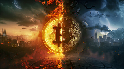 Bitcoin (BTC) halving, broken bitcoin, cryptocurrency. - obrazy, fototapety, plakaty
