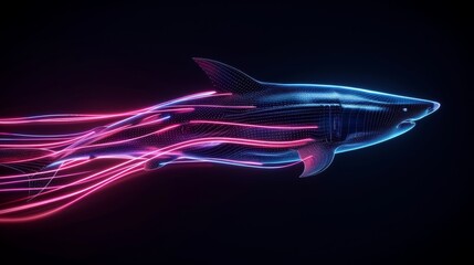 Fototapeta na wymiar Abstract neon light lines depict a shark against a dark background