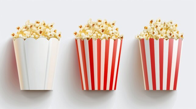 A modern realistic mock up of striped paper boxes for popcorn isolated on a white background, blank square and round packs for popcorn, chicken, potato and snacks in a movie theater.
