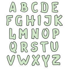 Hand drawn doodle green english alphabet on white background.