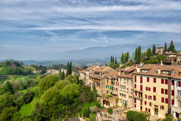 Idyllic view of an Italian small town on the top of a hill. Asolo, also known as the pearl of the...